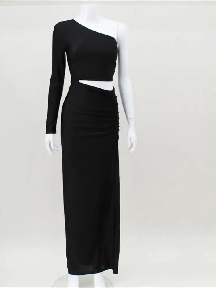 CNYISHE Women's One-Shoulder Cut-Out Ruched Split Maxi Dress Elegant Party Prom Gown Sexy Birthday Outfits