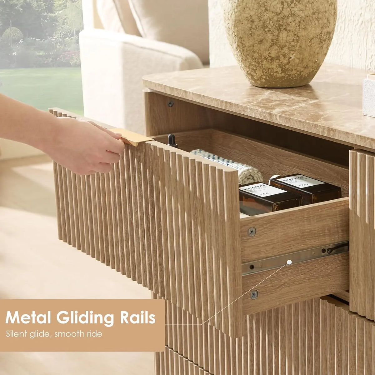 Cômoda com 9 Gavetas para Quarto, 63 Polegadas de Largura, Cômoda Moderna com Topo de Mármore Falso, Design com Cantos Arredondados, Personalizada