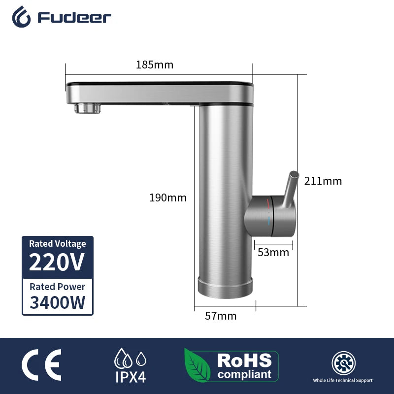 Fudeer 3400W 220V Cozinha Elétrica Aquecedor de Água Torneira Instantânea de Aço Inoxidável Torneira de Água Aquecedor Torneira de Aquecimento Frio