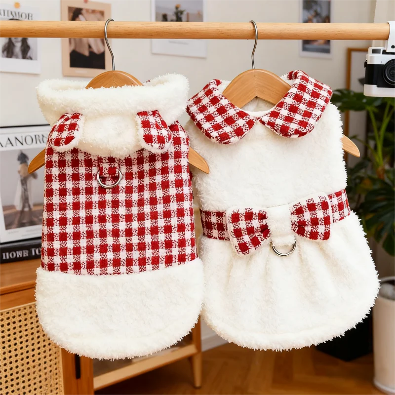Quente de pelúcia cão com capuz jaqueta bonito arco vestido do cão casaco inverno animal de estimação filhote de cachorro traje vermelho xadrez gato jaqueta casaco pet cardigan roupas para cães