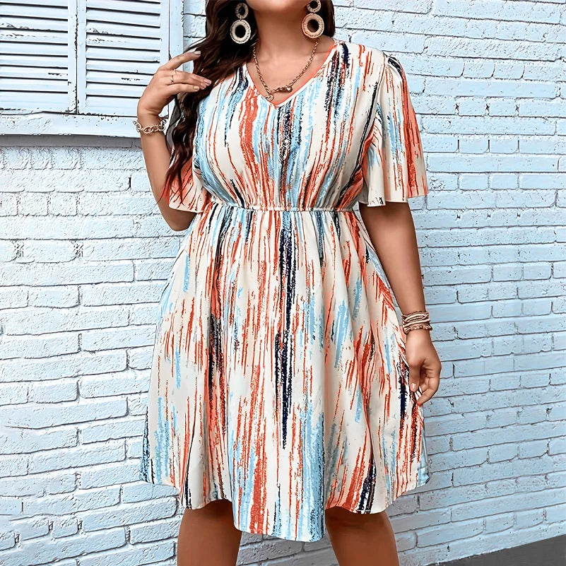 Plus Size Dress, Striped Printed V-Neck Short-Sleeved Loose Fit, Elastic Waist, Casual Resort Style Dress