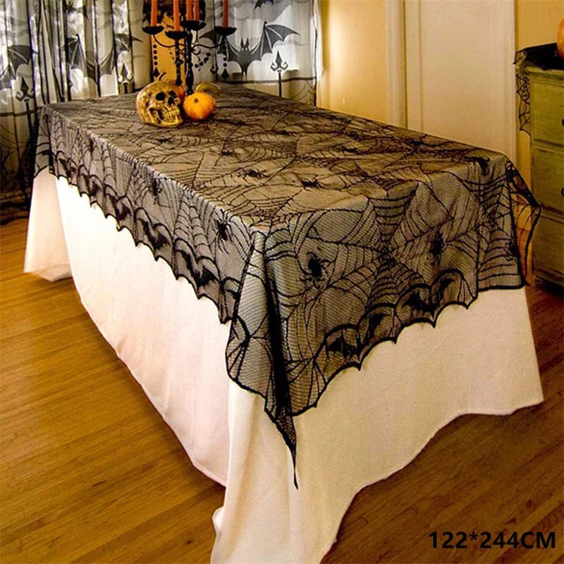 Kit de Decorações de Halloween: Toalha de Mesa com Teia de Aranha, Caminho de Mesa, Decoração para Lareira, Toalha de Mesa com Renda e Teia de Aranha, Decoração para Festa de Halloween - Kasa & Pet