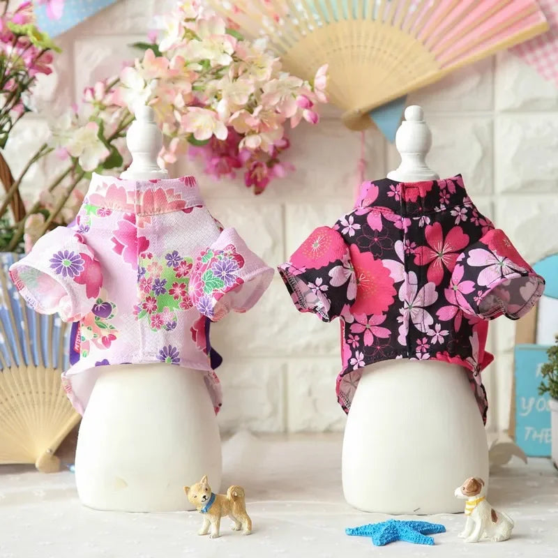 Japonês animal de estimação quimono poodle gato roupão flor cereja sakura verão filhote de cachorro primavera roupas para animais de estimação saia flor kitty vestido quimono