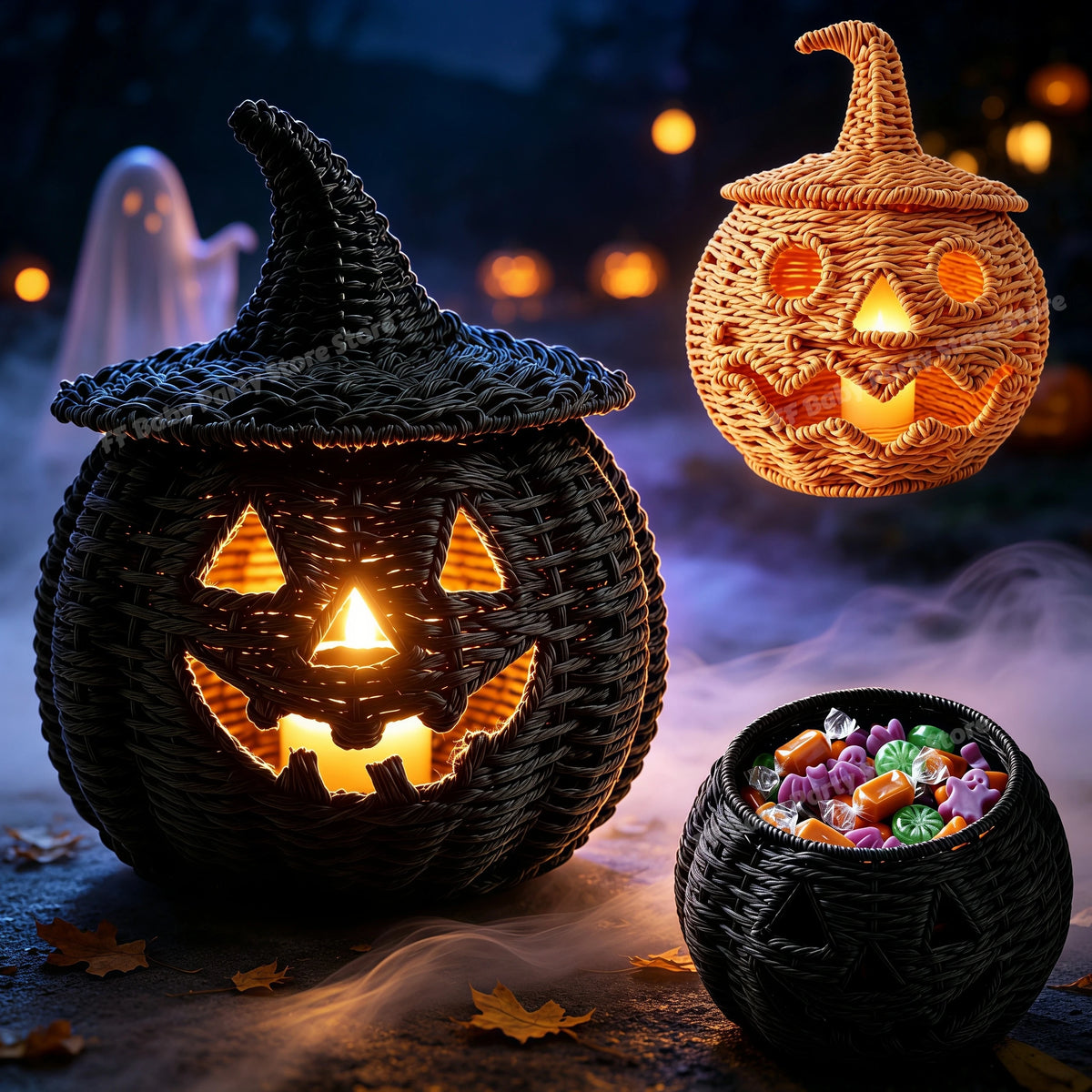Decorações de Halloween, Lanterna de Abóbora de Vime Feita à Mão, Caixa de Armazenamento em Forma de Chapéu de Bruxa, Estátua Decorativa para Casa, Ornamentos de Natal