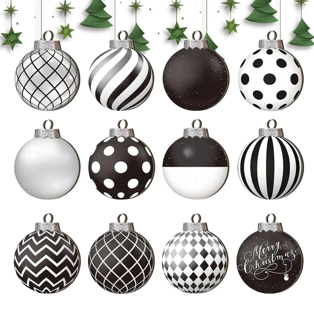 12pçs bolas de natal pretas e brancas, bola suspensa pintada à mão, pingentes de árvore de natal, decoração de casa, presentes de ano novo 2025