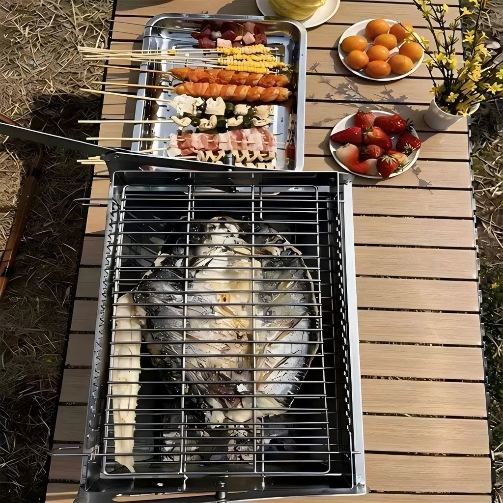 Churrasqueira Portátil Dobrável, Grelha de Carvão de Aço Desmontável, Mini Fogão para Camping ao Ar Livre e Piqueniques