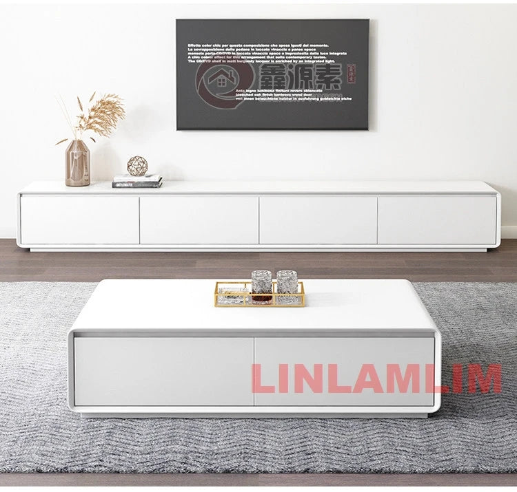 Mesa de Café e Rack para TV com Armários de Armazenamento, Conjunto de Móveis Modernos Brancos para Sala de Estar, Conjunto de Centro de Entretenimento Contemporâneo
