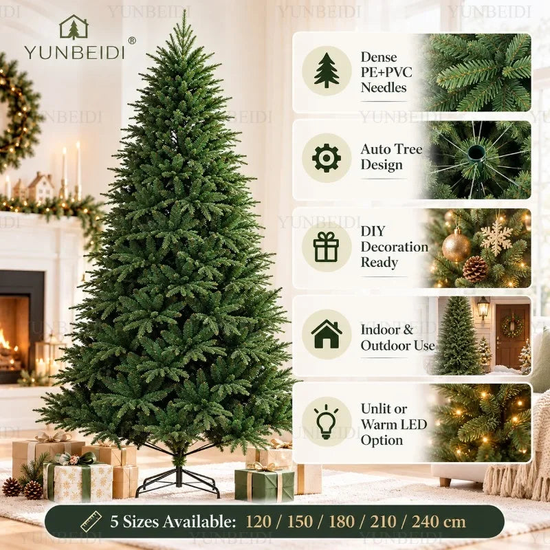 Árvore de Natal artificial em PE e PVC, com luzes LED USB e luzes quentes, árvore de Natal de alta qualidade, de 120 cm a 210 cm