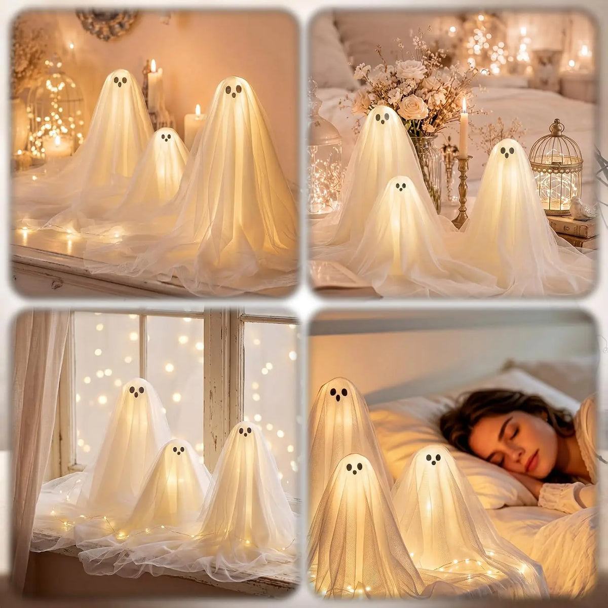 1/2/3 Conjuntos de Decorações de Halloween, Kit DIY de Fantasma Iluminado, Lâmpada Assustadora, Centro de Mesa Branco Quente para Festa de Halloween Interna