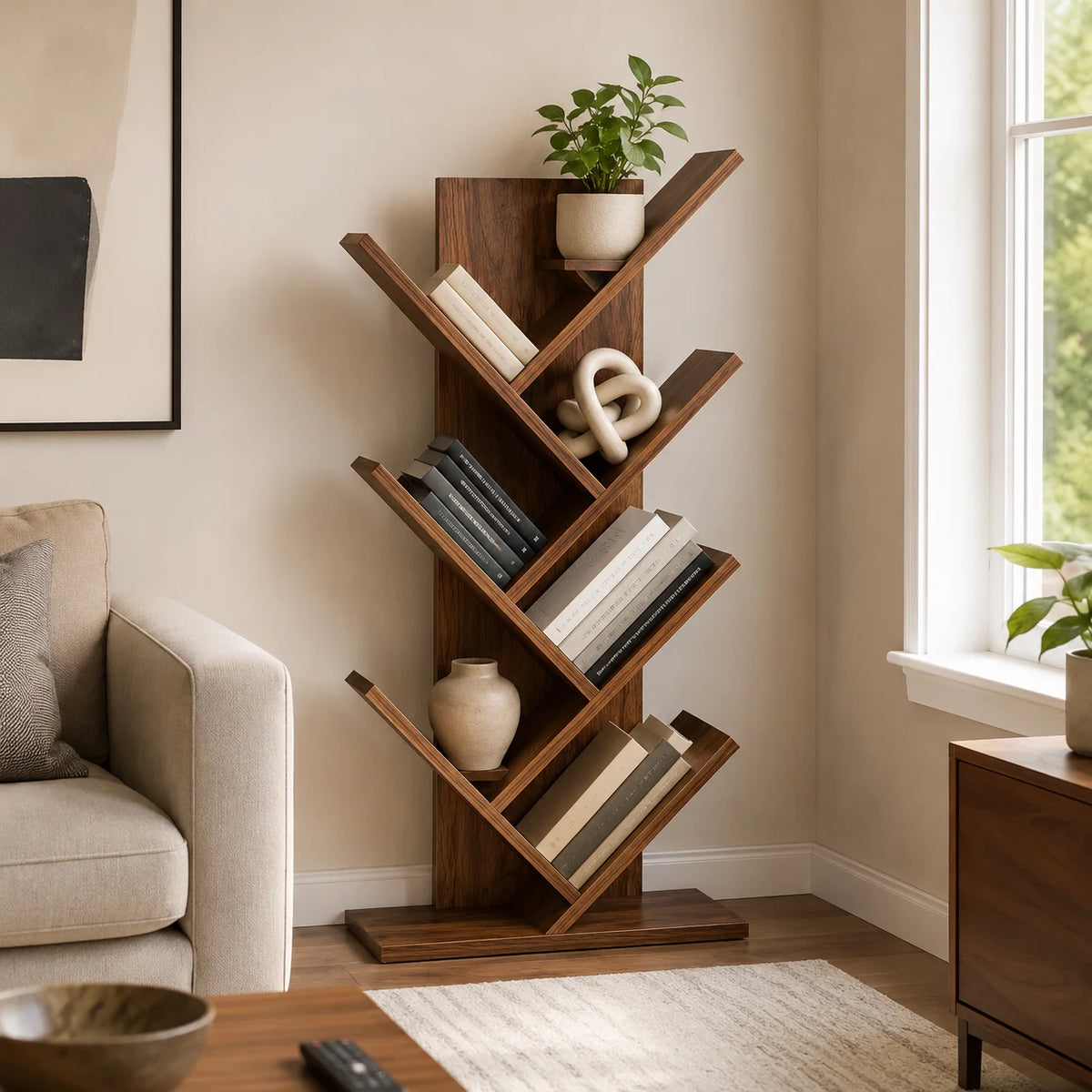 Estante de Livros em Forma de Árvore de 5 Níveis, Estante de Madeira com Base Estável, Rack de Armazenamento que Economiza Espaço para Livros, Decoração, Sala de Estar, Quarto