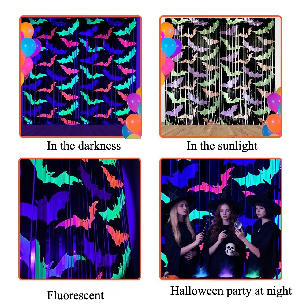 Cortina de Franjas de Folha Metálica Fluorescente de Morcegos para Festa de Halloween, Cenário de Tinsel Metálico com Glitter para Decoração de Fundo de Aniversário e Adereços Fotográficos