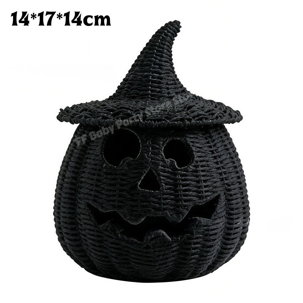 Decorações de Halloween, Lanterna de Abóbora de Vime Feita à Mão, Caixa de Armazenamento em Forma de Chapéu de Bruxa, Estátua Decorativa para Casa, Ornamentos de Natal