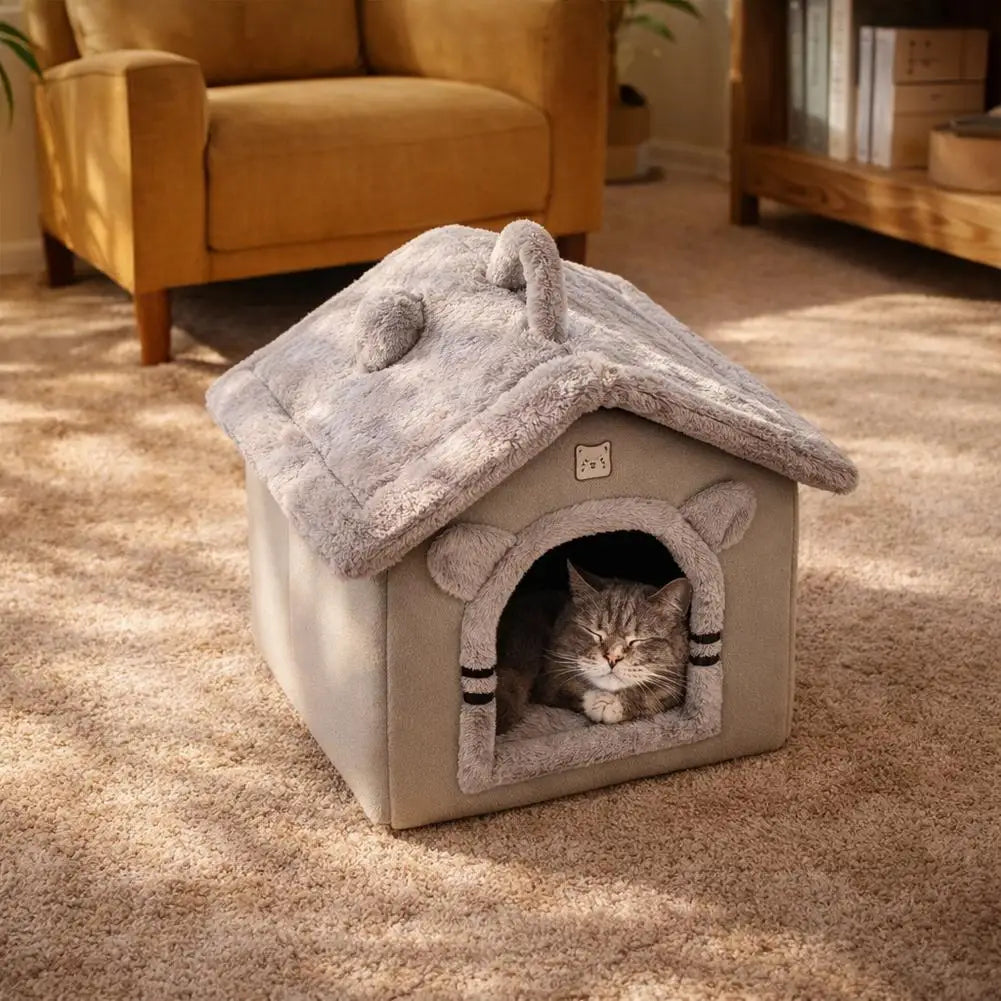 Cama para Pets Estilo Casa Fofa para Cães e Gatos Pequenos, Quente para o Inverno, Removível e Lavável, Casinha Fechada de Pelúcia, Vila para Gatos, Caverna