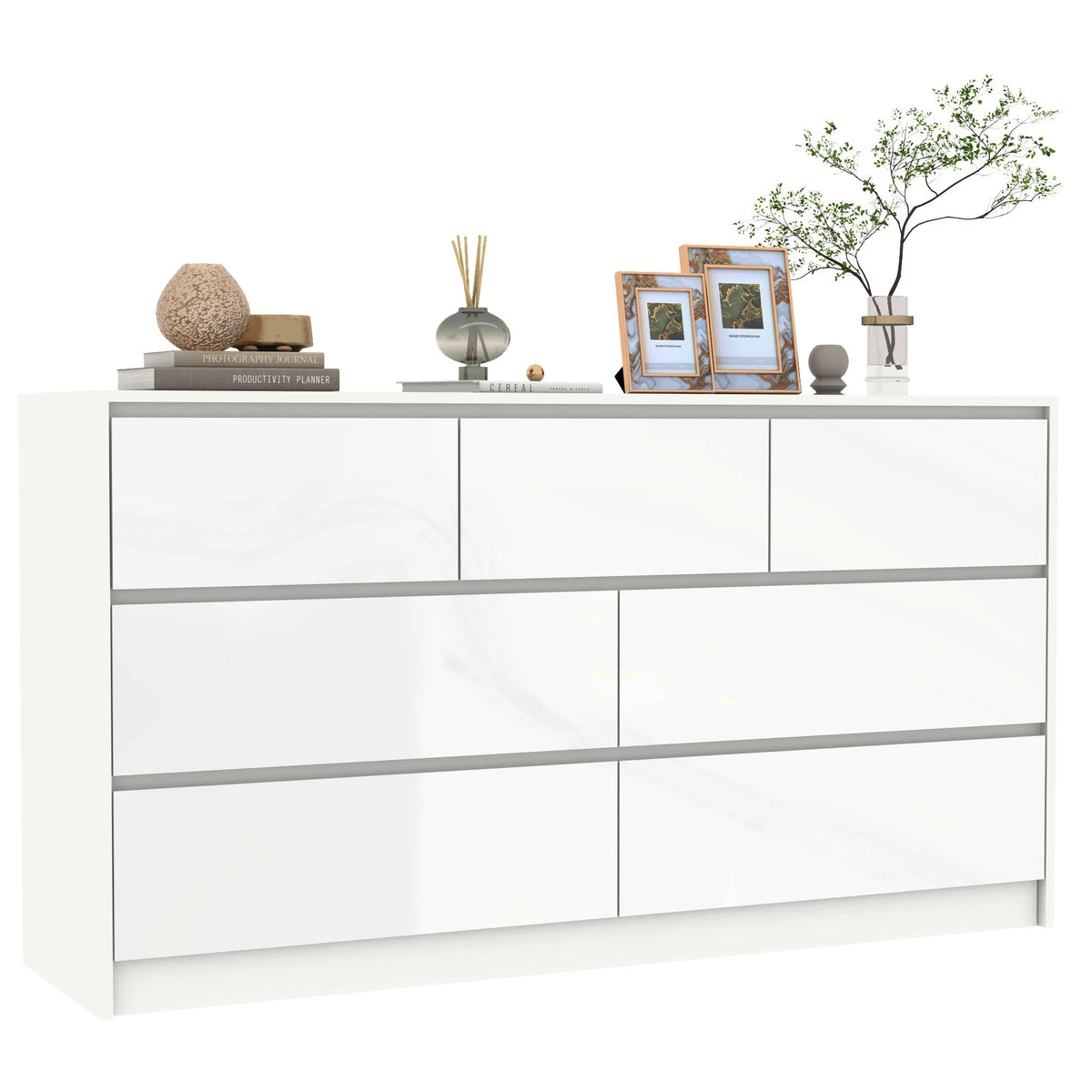 Armário de 7 gavetas com gavetas de alto brilho, grande peito de madeira, branco e preto, 55 "cômoda moderna para o quarto