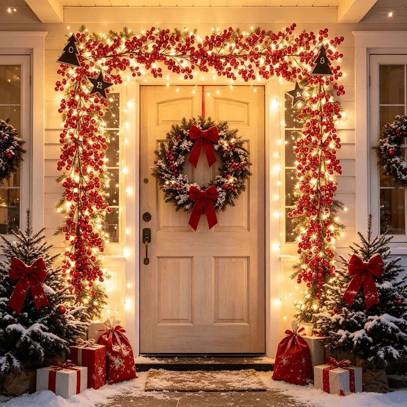 Guirlanda de luzes LED com frutos vermelhos artificiais para o Natal, luzes em forma de videira para decorar árvores de Natal, casas, casamentos, festas e para a decoração de inverno.