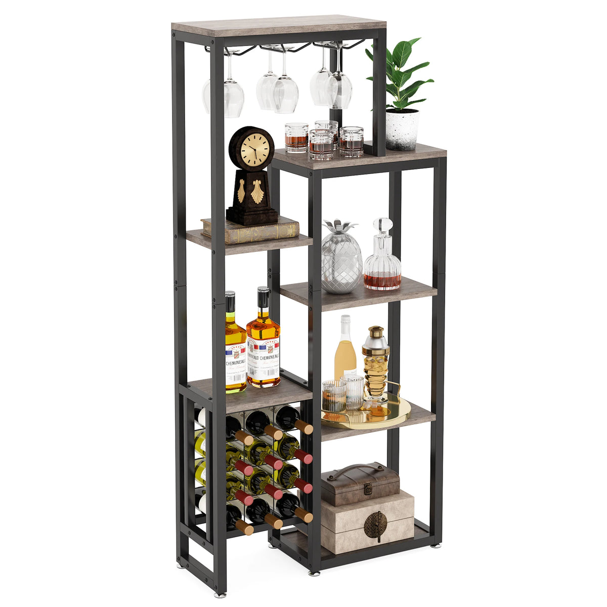 Cremalheira autônoma do vinho do assoalho das tribos com suporte de vidro e armazenamento do vinho, prateleira de exposição industrial do vinho, padeiro Rack, 5-Tier
