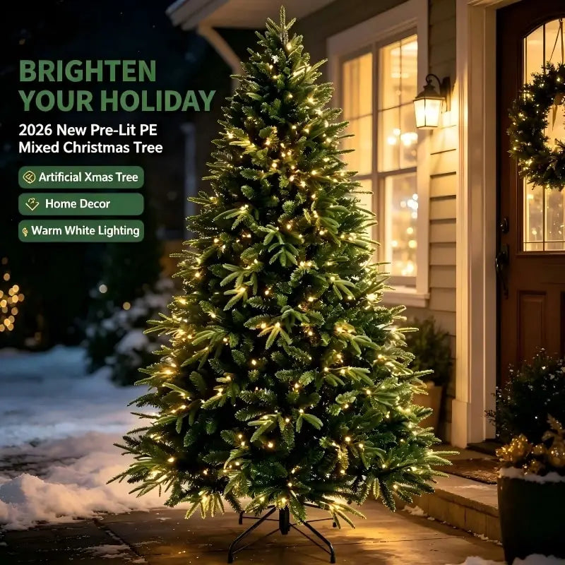 2026 Nova Árvore de Natal Mista de PE Pré-iluminada, Árvore de Natal Artificial de Alta Qualidade com Galhos Densos, Decoração Natalina para Casa