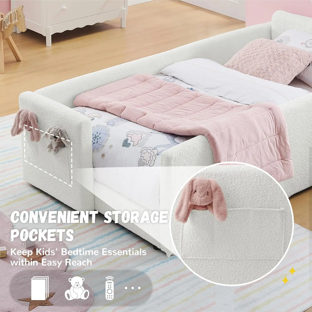 Cama Plataforma Tamanho Twin, Cabeceira Estofada Boucle com Orelhas de Coelho, com Bolso e Grade de Proteção para Quarto Infantil, Bege, Personalizada