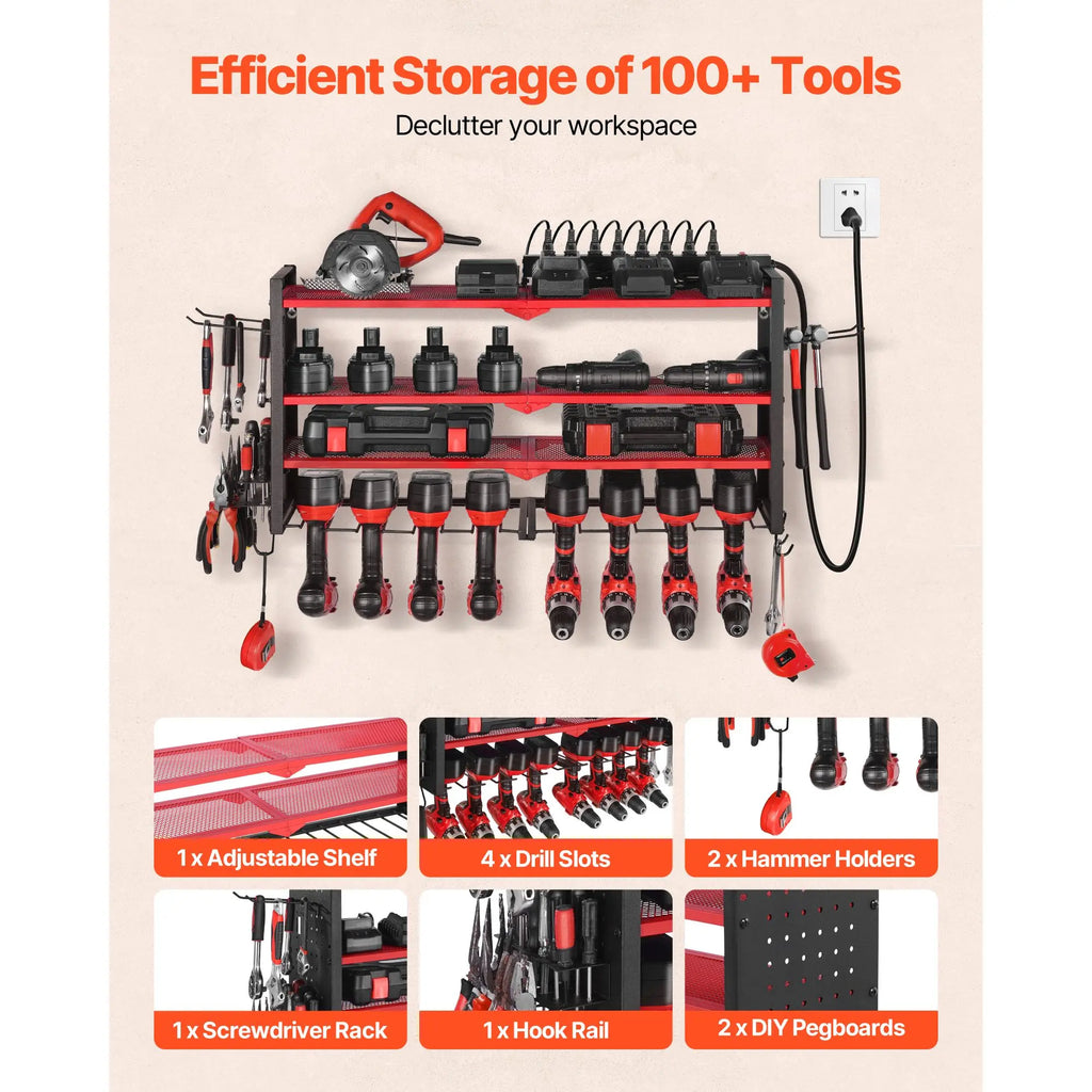 Power Tool Organizer Wall-Mounted Charging Station 4 Drill Holders 3 Layer Drill Storage Rack Garage Tool Storage Side Pegboard