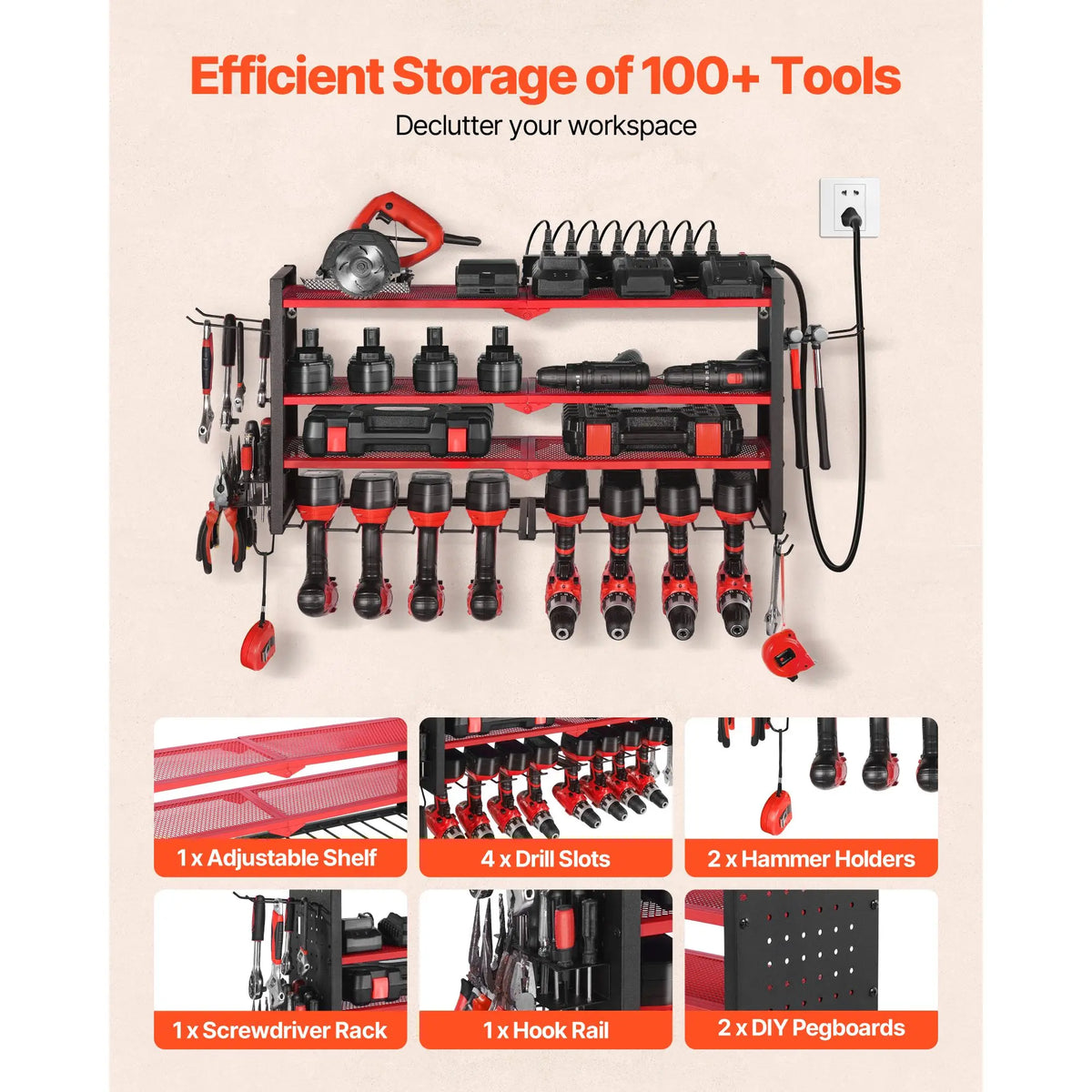 Power Tool Organizer Wall-Mounted Charging Station 4 Drill Holders 3 Layer Drill Storage Rack Garage Tool Storage Side Pegboard