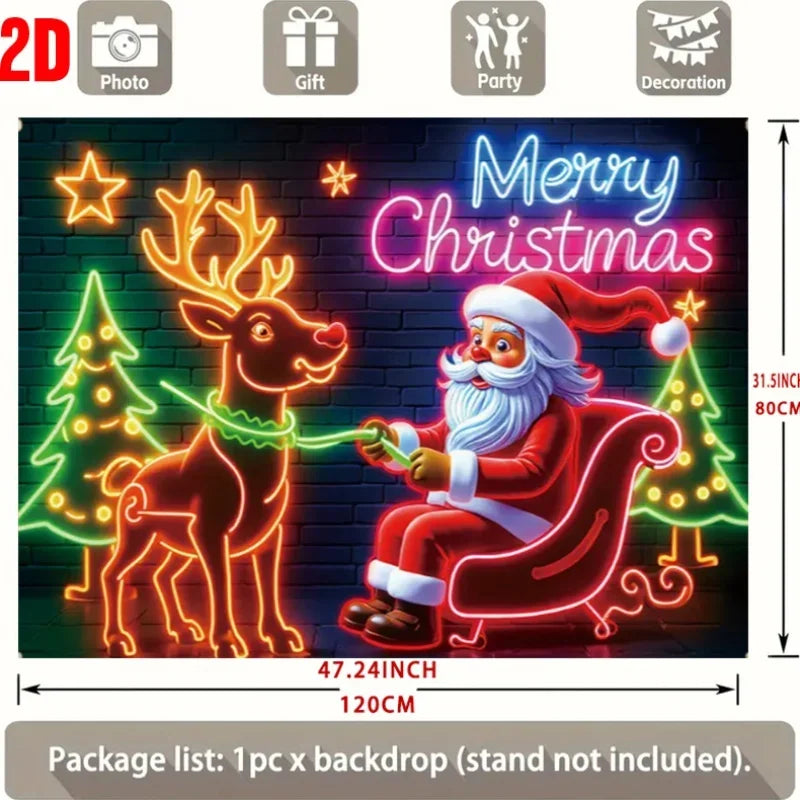 Cenário natalino em neon: Papai Noel e renas, ideal para festas de fim de ano e decorações natalinas para uso ao ar livre.