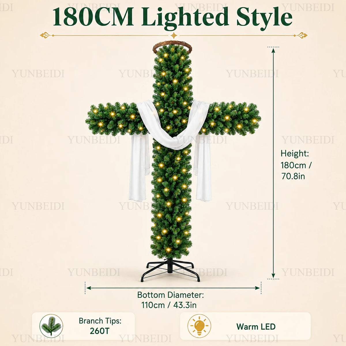 Decoração de Árvore de Natal em Forma de Cruz de 150/180cm com Luzes LED Quentes, Decoração Religiosa para Árvore de Natal, Jardim, Igreja e Festas