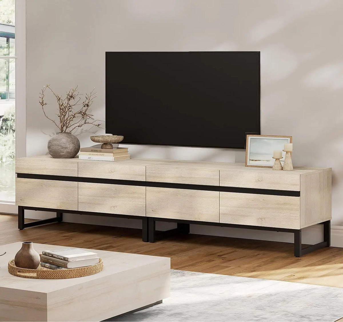 Suporte de TV Moderno para TVs de 50-75 Polegadas, Centro de Entretenimento em Madeira com Armários de Armazenamento de Base Metálica, Console de TV Multimídia, Personalizável