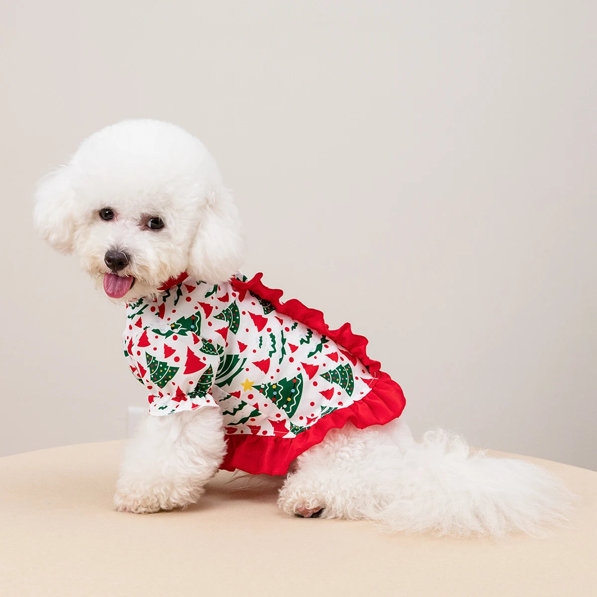 Vestido de Natal para Pets com Estampa de Árvore de Natal, Saia com Babados, Roupa de Festa para Cães e Gatos de Pequeno e Médio Porte, Fantasia Fofa para Pets