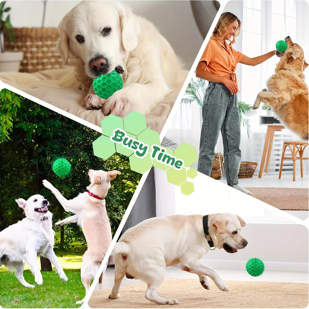Brinquedo de Borracha Natural Resistente para Cães, Bola Indestrutível com Som para Mastigadores Agressivos, Sabor Carne, Design Hexagonal, Saúde Dental