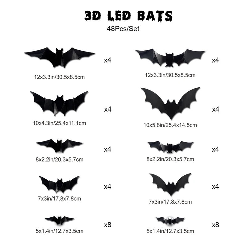 Decorações Assustadoras de Halloween: Luzes LED 3D de Morcego | Adesivos de Parede Flexíveis, Decoração Luminosa Alimentada por Energia | Decoração de Festa, Janela - Kasa & Pet