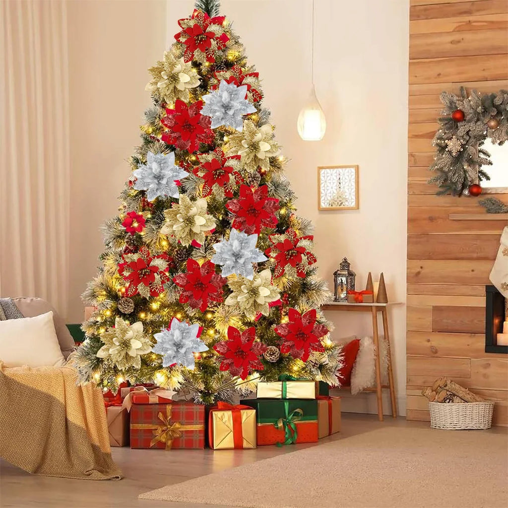 Natal glitter flores artificiais árvore de natal pendurado ornamentos flor falsa para casa 2025 natal ano novo 2026 navidad presente