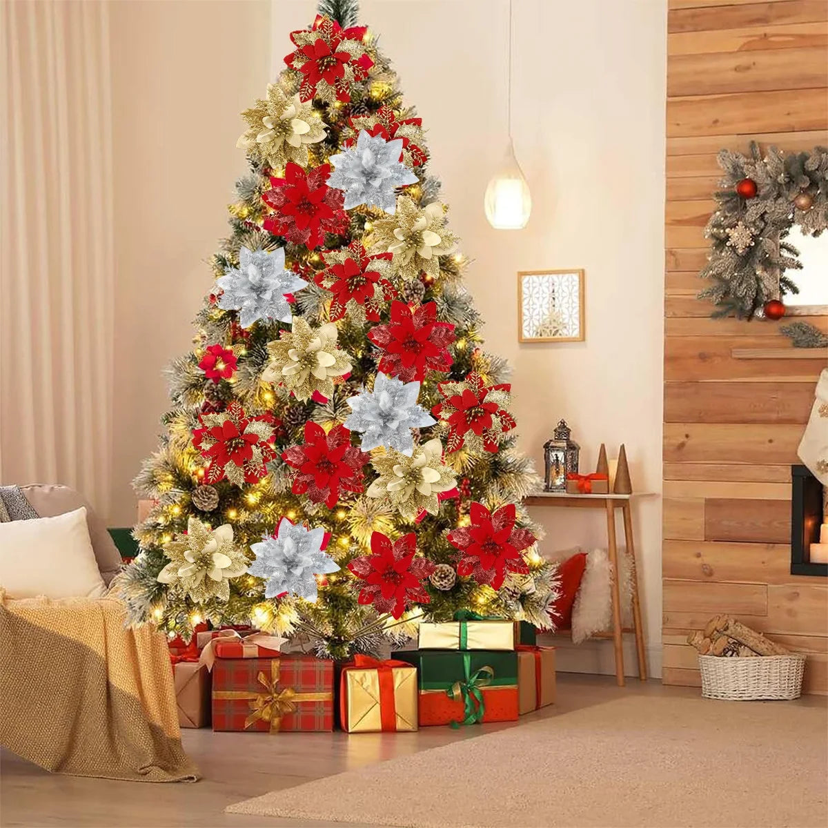 Natal glitter flores artificiais árvore de natal pendurado ornamentos flor falsa para casa 2025 natal ano novo 2026 navidad presente