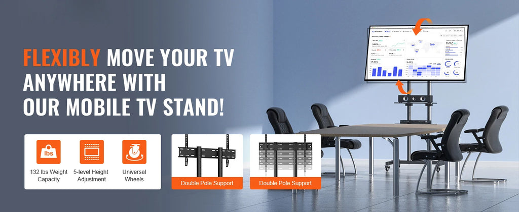 SucceBuy Suporte de TV móvel Suporte de TV com altura ajustável com rodas Bandeja dupla para dispositivos audiovisuais Suporte de TV rolante para quarto