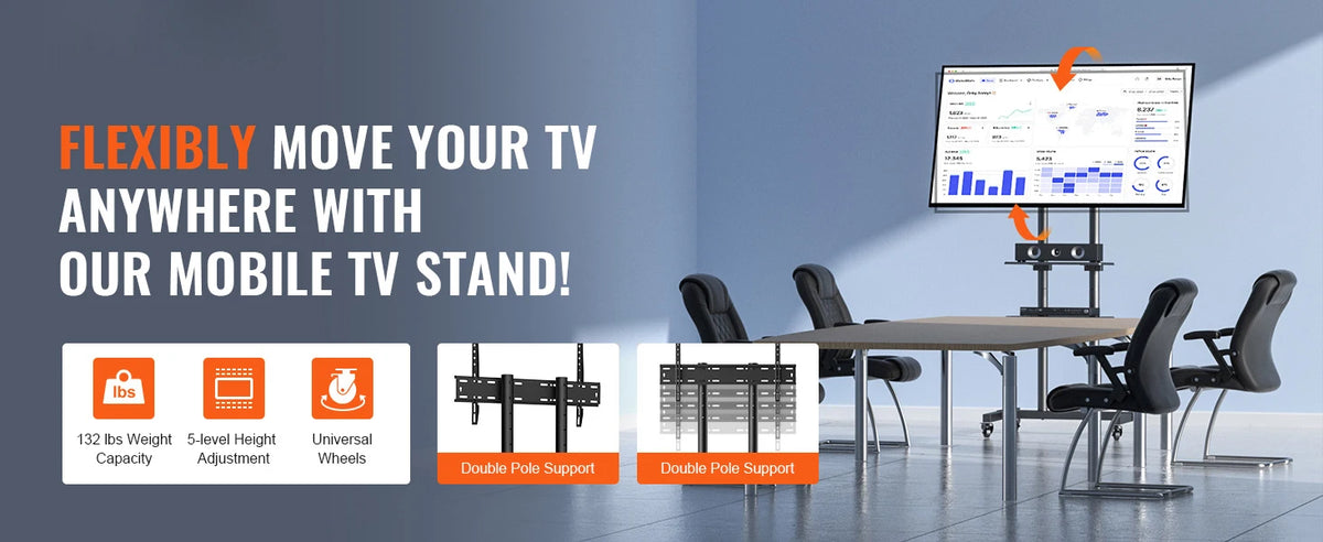 SucceBuy Suporte de TV móvel Suporte de TV com altura ajustável com rodas Bandeja dupla para dispositivos audiovisuais Suporte de TV rolante para quarto
