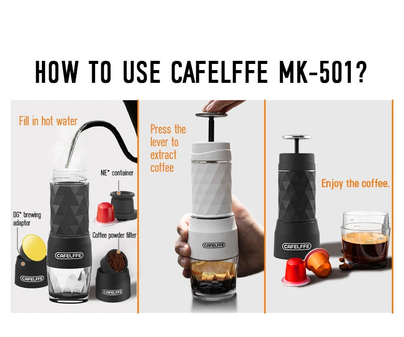 Máquina de Café Portátil Cafelffe 3 em 1, Cafeteira Manual para Cápsulas e Café Moído, Espumador de Leite, Preparador Manual para Viagens e Presentes