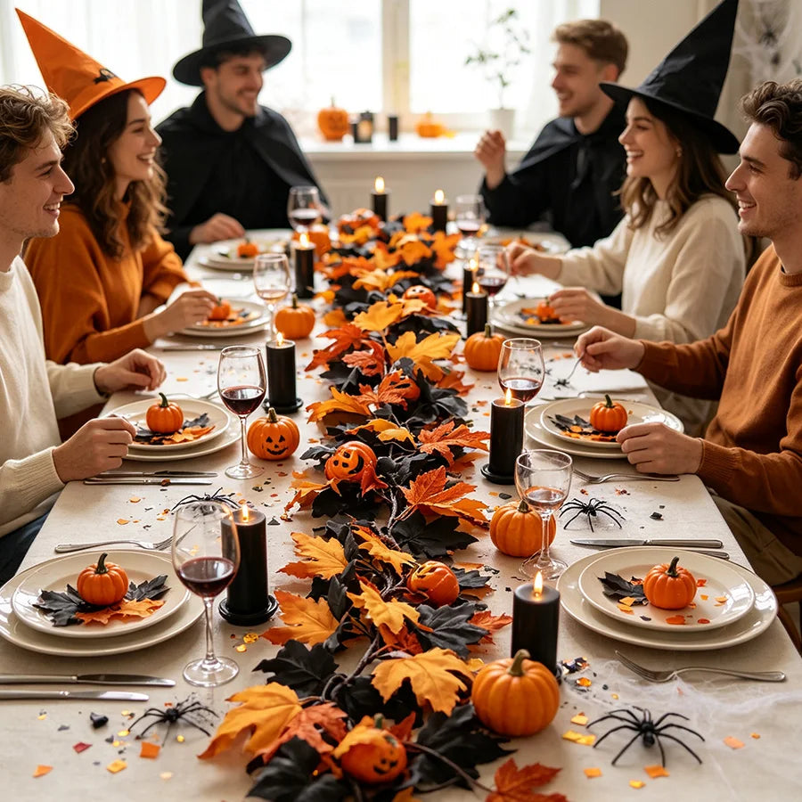 Decorações de Guirlanda de Halloween com Folhas Pretas e Abóboras 3D para o Festival de Ação de Graças e Decoração de Lareira