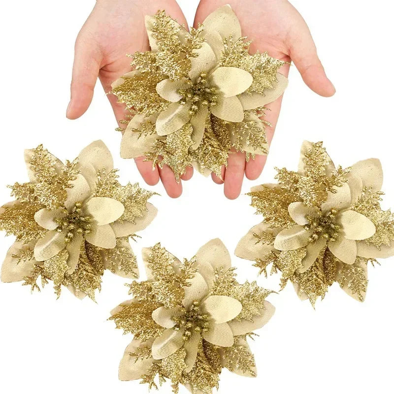 Natal glitter flores artificiais árvore de natal pendurado ornamentos flor falsa para casa 2025 natal ano novo 2026 navidad presente