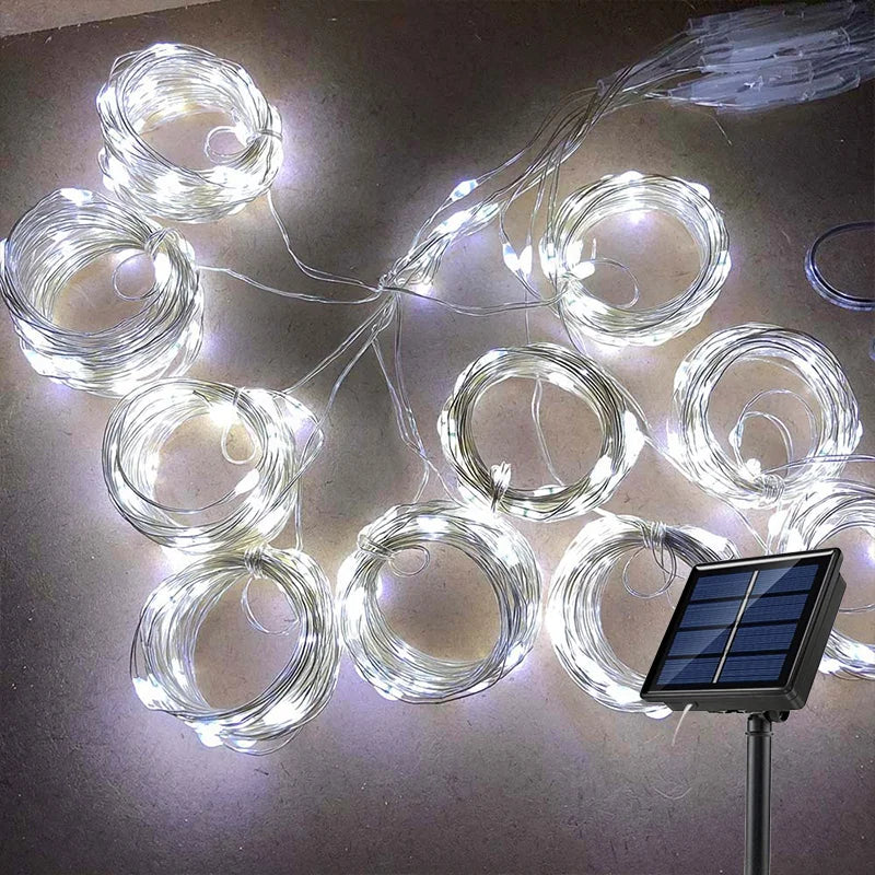 Solar led cortina de luz ao ar livre guirlanda solar fada luz da corda fio cobre lâmpadas para jardim quintal festa casamento decoração do feriado