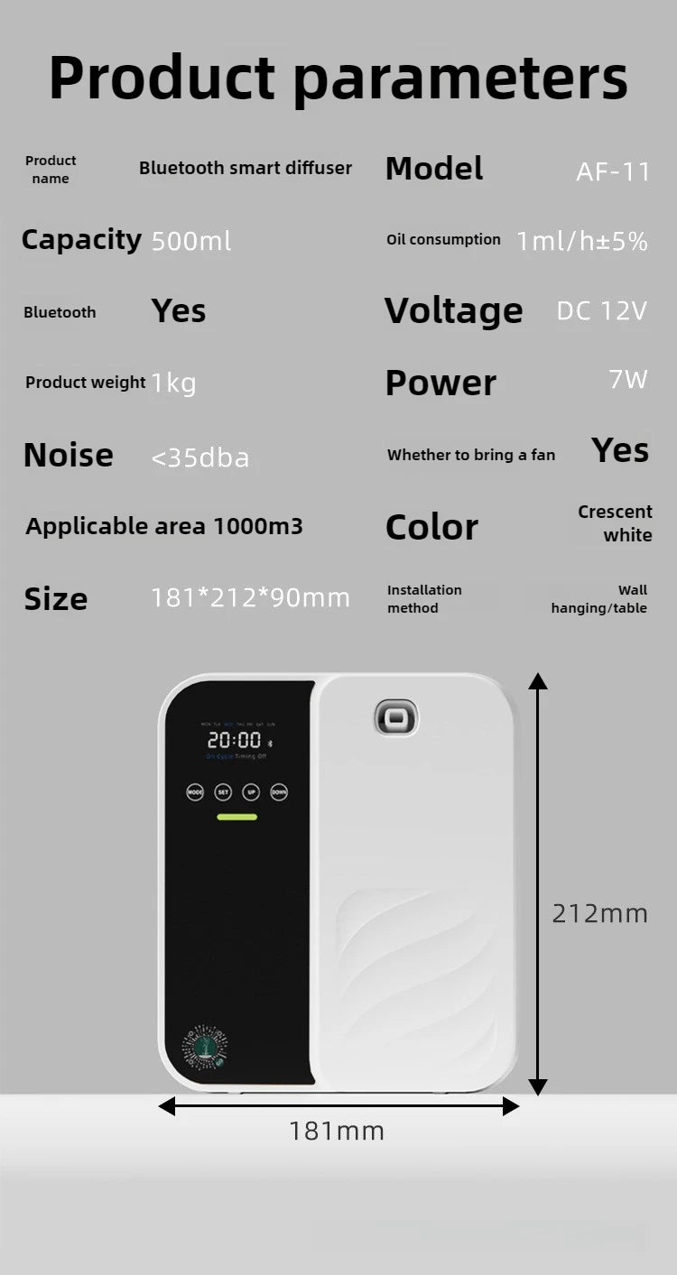 Difusor de aroma inteligente de 500ml - Bluetooth, spray automático, cobertura de 1000m3 e eliminação de odores para casa/comercial (hotel/bar/spa)