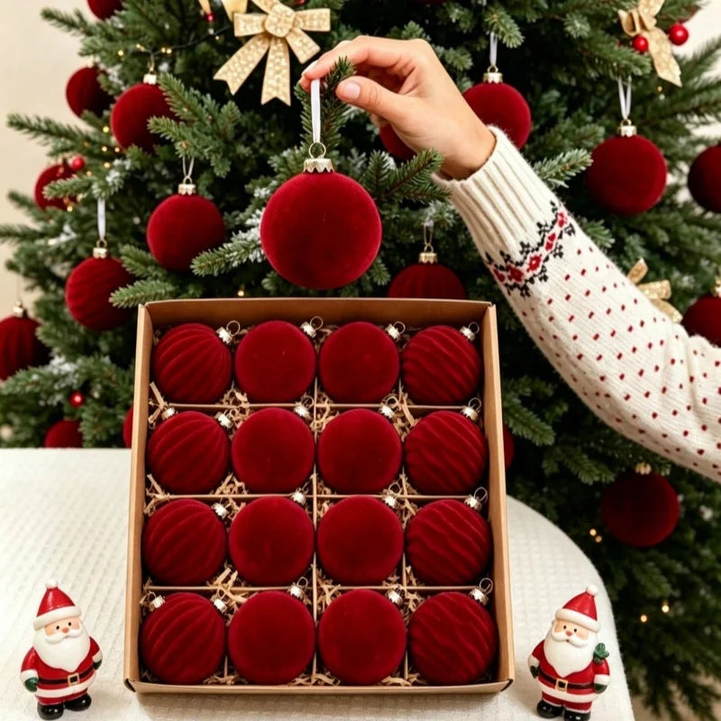 12 peças de enfeites de Natal em veludo para pendurar na árvore, decorações de Natal, bolas de Natal em tom bordô, decoração natalina.