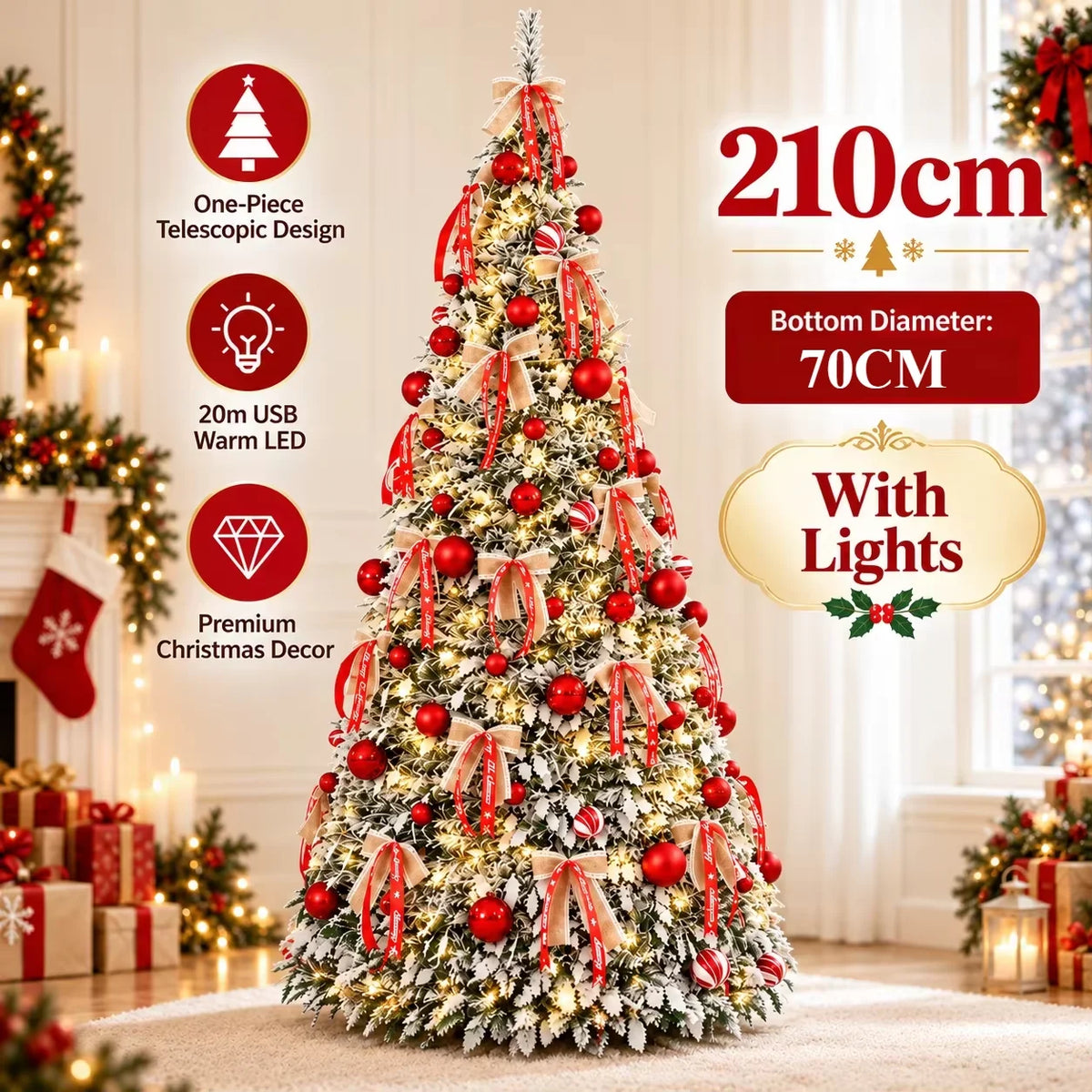 Árvore de Natal Dobrável com Luzes LED e Enfeites, Árvore de Natal Integrada de Alta Qualidade de 120cm a 180cm, Decoração para Festa de Natal em Família