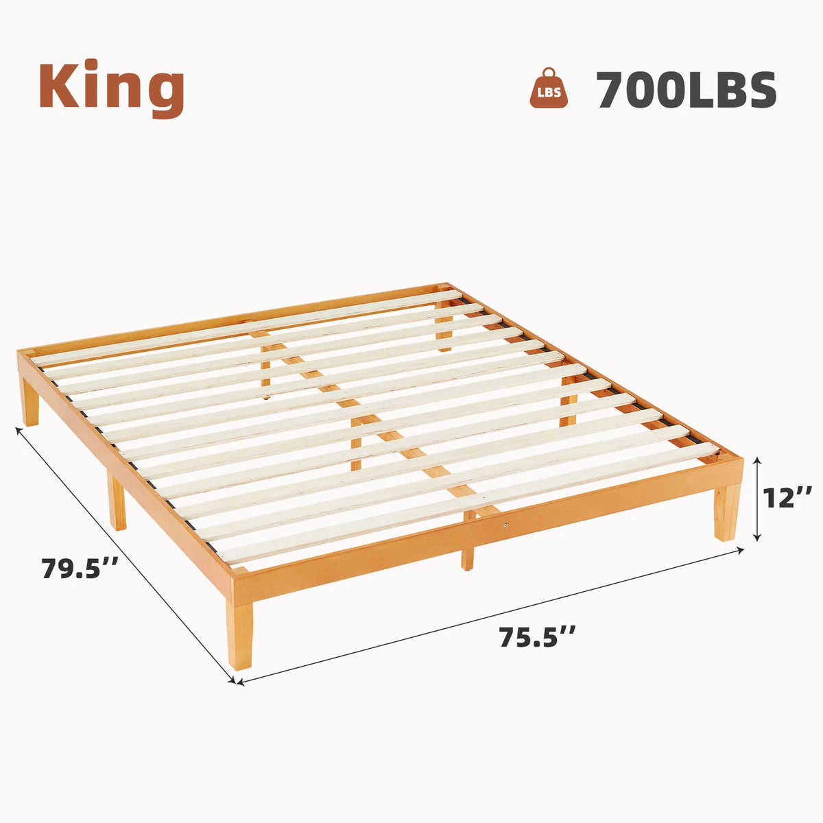 JHK Estrutura de cama de madeira maciça de todos os tamanhos com suporte de ripas de madeira resistente, sem necessidade de molas, fácil montagem, ecológica para sala de estar