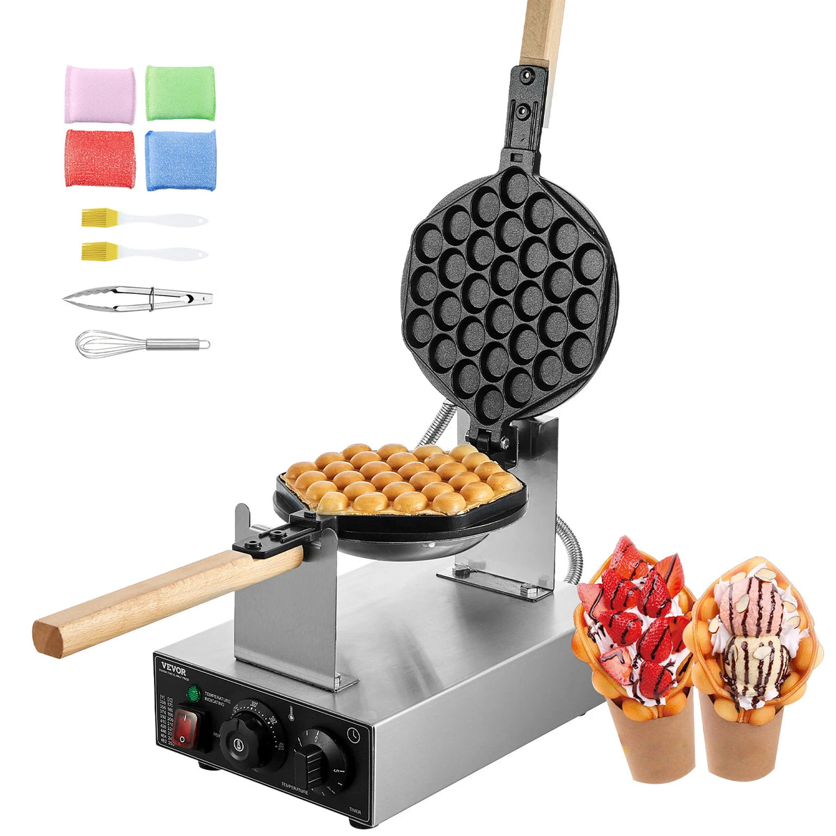 SucceBuy Máquina comercial de waffle com bolhas de ovo 1400W antiaderente em aço inoxidável com 180 °   2 panelas giratórias e alças de madeira