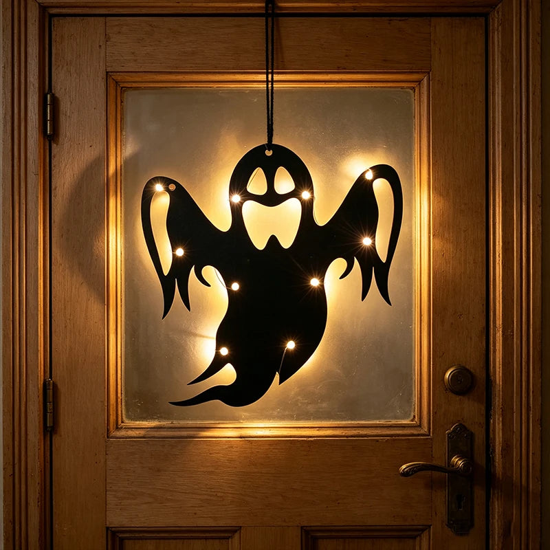 Luzes Decorativas de Halloween para Pendurar em Janelas e Paredes, Ornamentos LED Assustadores de Silhueta de Fantasma, Bruxa, Gato Preto e Teia de Aranha para Pendurar em Ambientes Internos