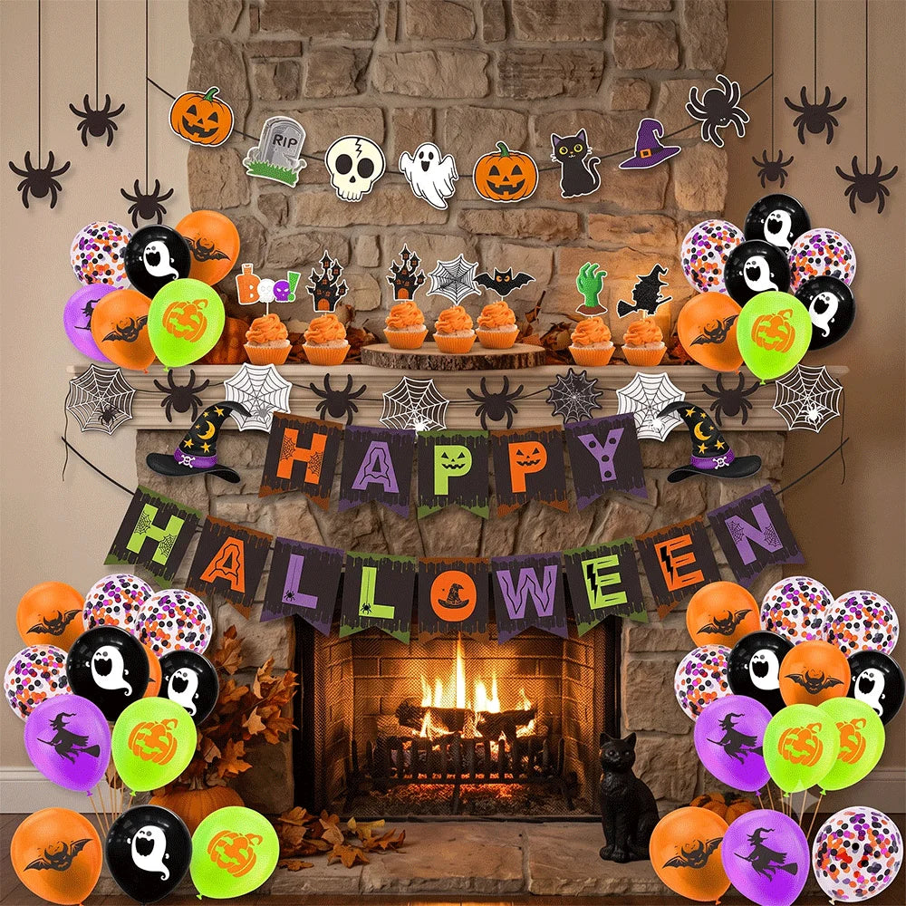 Conjunto de Decorações para Festa de Halloween: Banner Feliz Halloween, Guirlanda Doçura ou Travessura, Teias de Aranha, Espirais Penduradas, Toppers para Cupcakes e Balões