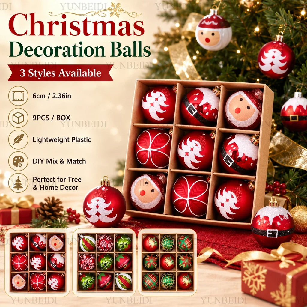 Enfeites de Bolas de Natal 9PCS 6cm Conjunto de Bolas de Plástico DIY Decorações para Pendurar na Árvore Vermelho Verde para Decoração de Natal em Casa e Festas
