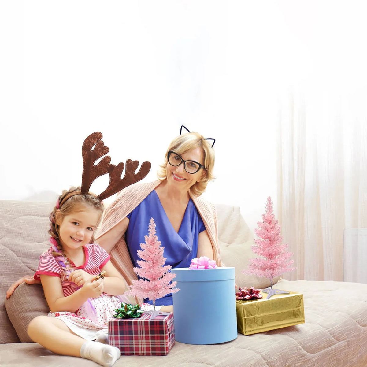 Árvore de natal artificial 45/60cm rosa desktop reunindo pinheiro de natal com luz decoração de natal ornamentos de janela presente