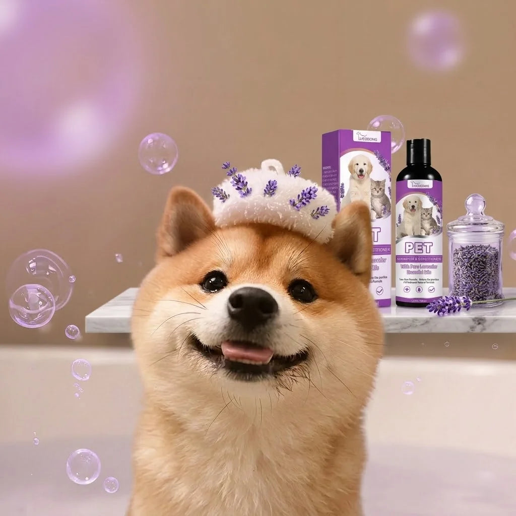 Shampoo e Condicionador para Animais de Estimação com Óleos Essenciais Puros de Lavanda, Fórmula Sem Lágrimas para Cães e Gatos, pH Balanceado, Cuidado Suave 100ml
