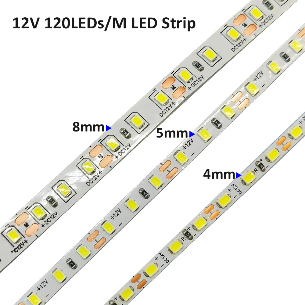 Fita de LED 12V 5m SMD 2835 5mm 8mm, Fita Flexível para Iluminação Decorativa Interna