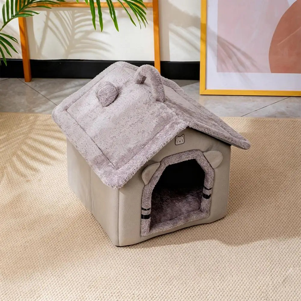 Cama para Pets Estilo Casa Fofa para Cães e Gatos Pequenos, Quente para o Inverno, Removível e Lavável, Casinha Fechada de Pelúcia, Vila para Gatos, Caverna